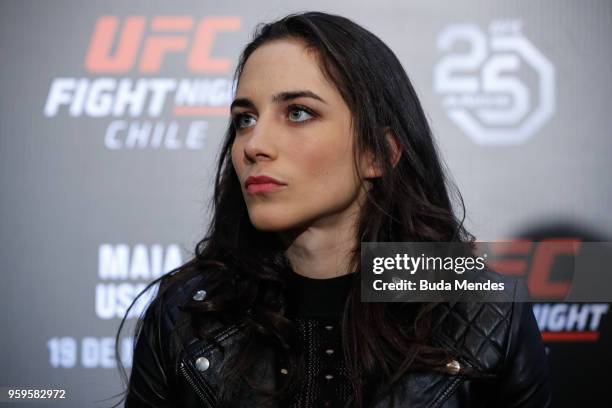 Women's flyweight contender Veronica Macedo of Venezuela speaks to the media during Ultimate Media Day on May 17, 2018 in Santiago, Chile.