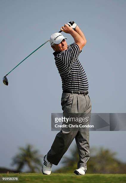 Hale Irwin tees off on during the first round of the Mitsubishi Electric Championship at Hualalai held at Hualalai Golf Club on January 22, 2010 in...