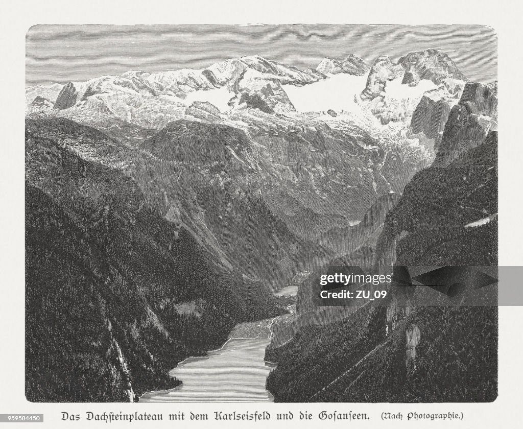 Hoher Dachstein, Hallstätter Glacier and Gosau Lakes, woodcut, published 1897