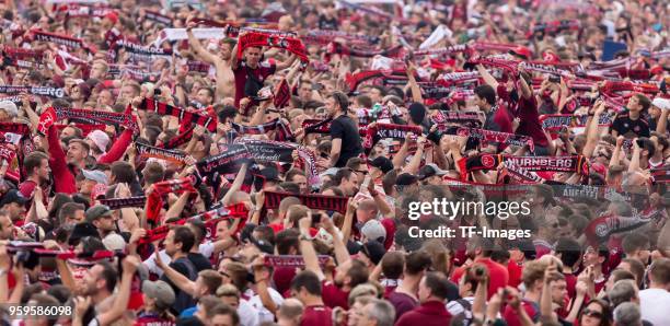 Supporters of Nuernberg are seen after the Second Bundesliga match between 1. FC Nuernberg and Fortuna Duesseldorf at Max-Morlock-Stadion on May 13,...