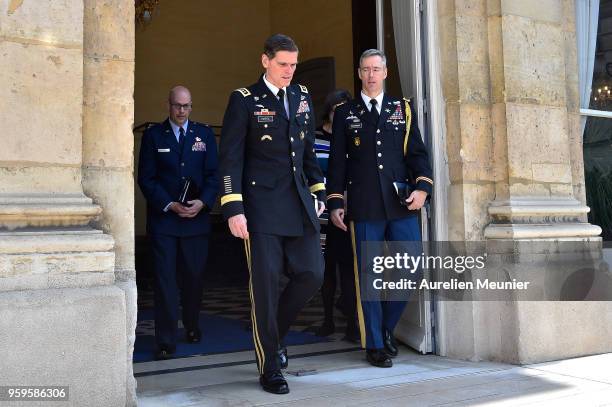 Army General Joseph Votel leaves after a meeting with French Army Minister Florence Parly on May 17, 2018 in Paris, France. They talked about the...