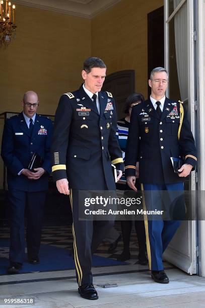 Army General Joseph Votel leaves after a meeting with French Army Minister Florence Parly on May 17, 2018 in Paris, France. They talked about the...