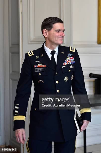 Army General Joseph Votel leaves after a meeting with French Army Minister Florence Parly on May 17, 2018 in Paris, France. They talked about the...