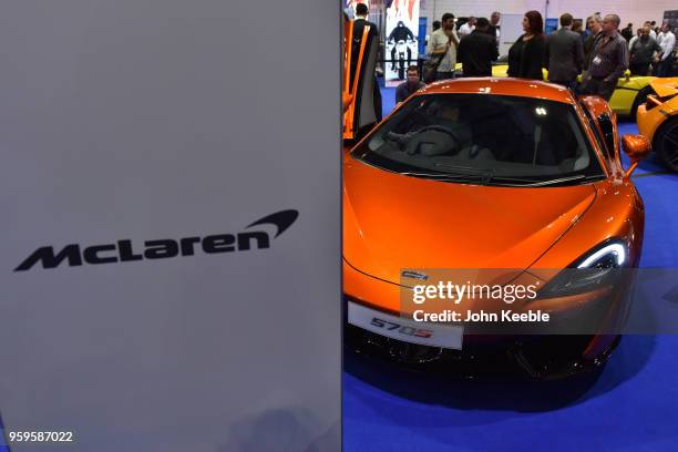 McLaren 570S is displayed as part of the "Built in Britain" during the London Motor Show at ExCel on May 17, 2018 in London, England. The UK's...