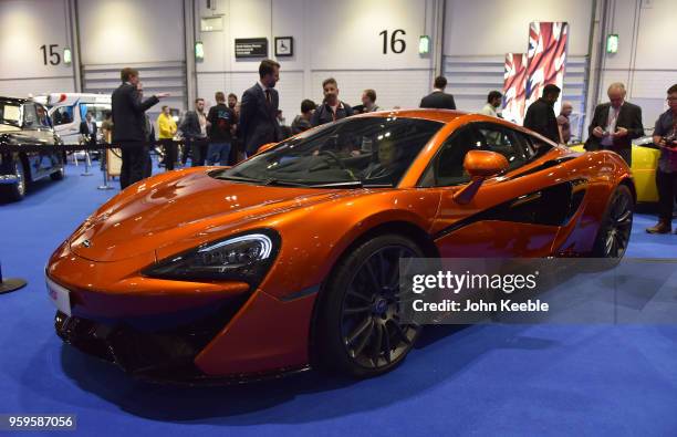 McLaren 570S is displayed as part of the "Built in Britain" during the London Motor Show at ExCel on May 17, 2018 in London, England. The UK's...