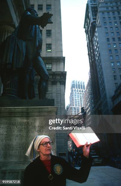 Protestant Preacher by the statue of George Washingtonon October 10 , 1979 in New York, New York.