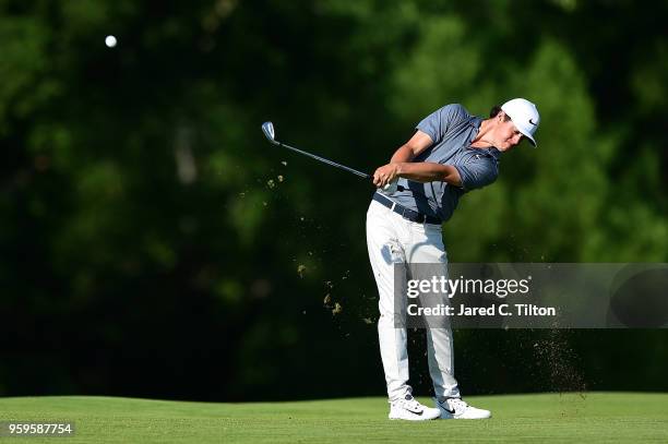 Cody Gribble plays his second shot on the third hole during the first round of the AT&T Byron Nelson at Trinity Forest Golf Club on May 17, 2018 in...