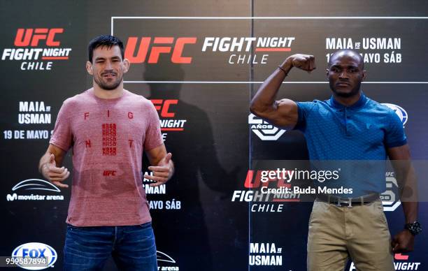 Welterweight fighters Demian Maia of Brazil and Kamaru Usman of Nigeria face off during Ultimate Media Day on May 17, 2018 in Santiago, Chile.