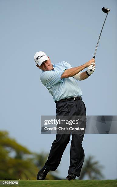 Jay Haas tees off on during the first round of the Mitsubishi Electric Championship at Hualalai held at Hualalai Golf Club on January 22, 2010 in...