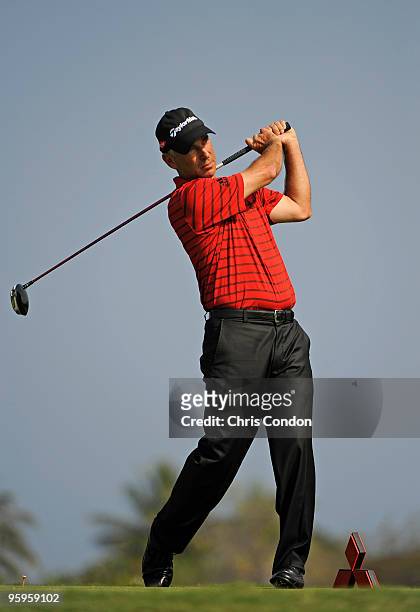 Corey Pavin tees off on during the first round of the Mitsubishi Electric Championship at Hualalai held at Hualalai Golf Club on January 22, 2010 in...