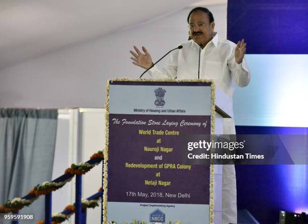 Vice President of India M. Venkaiah Naidu speaks during the foundation stone laying ceremony of World Trade Centre at Nauroji Nagar and redevelopment...