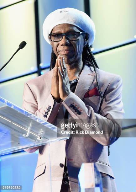 Producer Nile Rogers accepts an award onstage during the Music Biz 2018 Awards Luncheon for the Music Business Association on May 17, 2018 in...