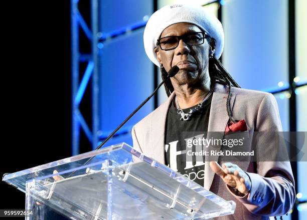 Producer Nile Rogers accepts an award onstage during the Music Biz 2018 Awards Luncheon for the Music Business Association on May 17, 2018 in...