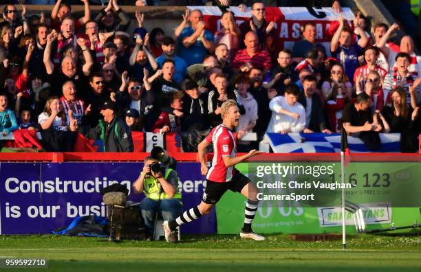 Exeter City's Jayden Stockley celebrates scoring the opening goal during the Sky Bet League Two Play Off Semi Final:Second Leg between Exeter City...