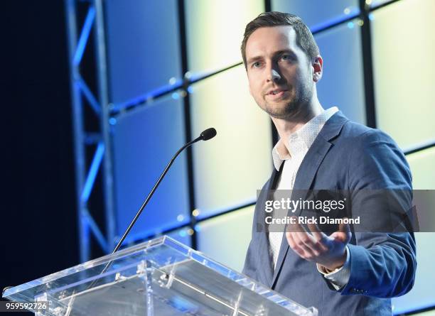 Sr. Product Manager at TiVo, Kyle Smetanka speaks onstage during the Music Biz 2018 Awards Luncheon for the Music Business Association on May 17,...