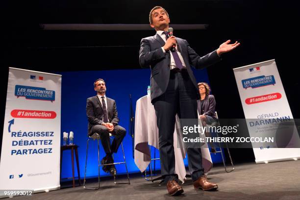 French Minister of Public Action and Accounts Gérald Darmanin delivers a speech during 'Meeting the government' on May 17, 2018 in Vichy, central...