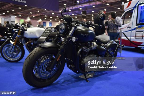 Triumph Bonneville Bobber Black motorcycle is displayed as part of the "Built in Britain" during the London Motor Show at ExCel on May 17, 2018 in...