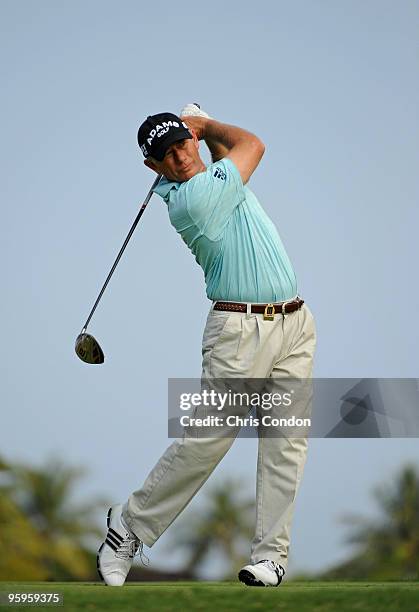 Mike Goodes tees off on during the first round of the Mitsubishi Electric Championship at Hualalai held at Hualalai Golf Club on January 22, 2010 in...