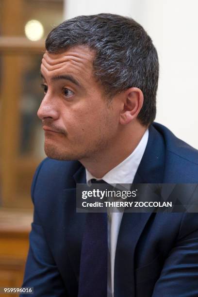 French Minister of Public Action and Accounts Gérald Darmanin talks to journalists during 'Meeting the government' event on May 17, 2018 in Vichy,...