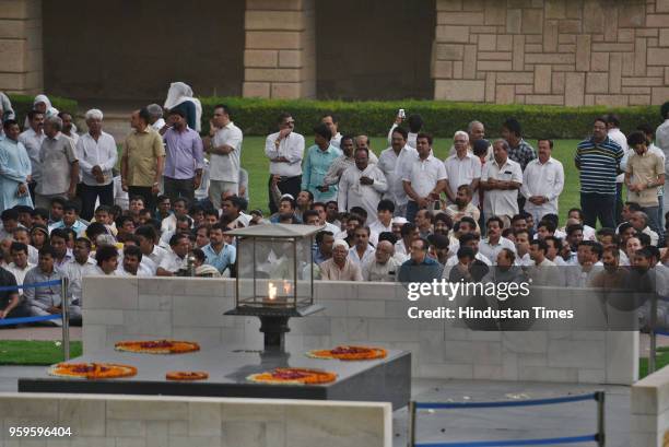 Ajay Maken, President of DPCC, along with other DPCC members after paying homage to Mahatma Gandhi in protest against BJP over the issue of making...