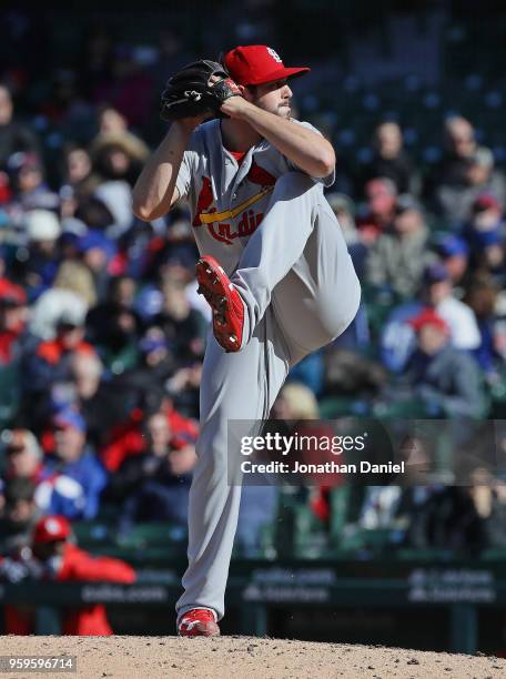 Dominic Leone of the St. Louis Cardinals pitches against the Chicago Cubs at Wrigley Field on April 19, 2018 in Chicago, Illinois. The Cubs defeated...