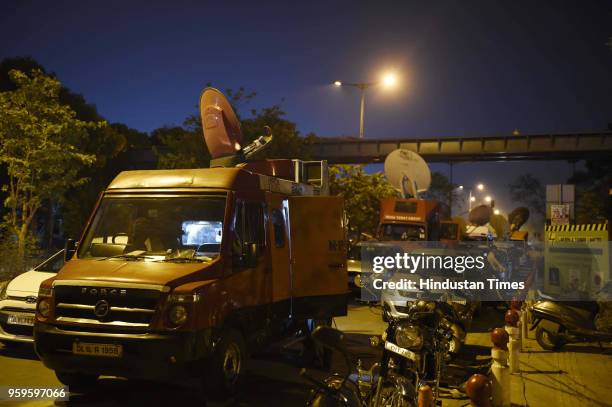 Media OB Van is seen outside the Supreme Court during a late night hearing on Karnataka issue, on May 17, 2018 in New Delhi, India.