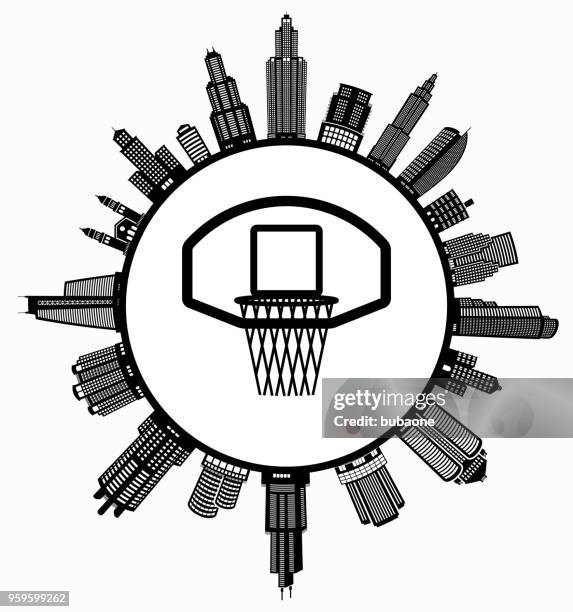 stockillustraties, clipart, cartoons en iconen met basketbal hoepel op moderne cityscape skyline achtergrond - basketball hoop vector