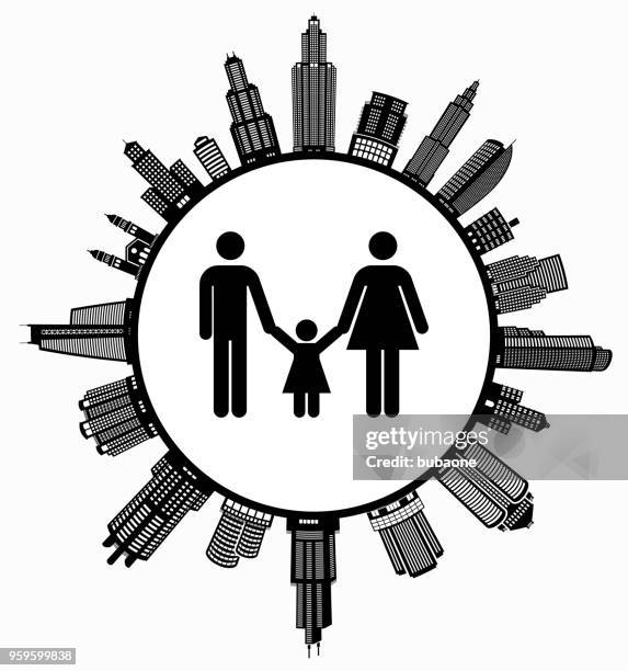 family  on modern cityscape skyline background - urban mother and daughter stock illustrations