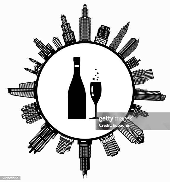 champagne bottle & glass on modern cityscape skyline background - wine window stock illustrations