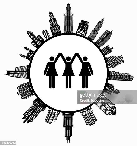 strong women standing on modern cityscape skyline background - equal housing stock illustrations