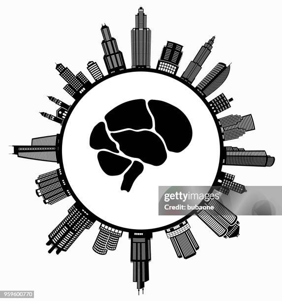 brain on modern cityscape skyline background - reflection window black stock illustrations