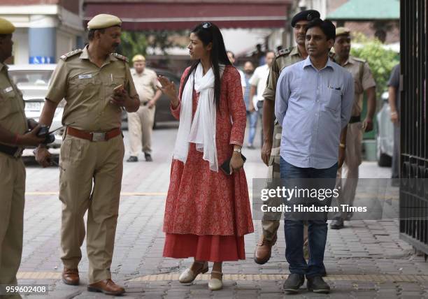 Delhi AAP MLA Alka Lamba with Naresh Balyan at the Election Commission as they were called for personal hearing on May 17, 2018 in New Delhi, India.