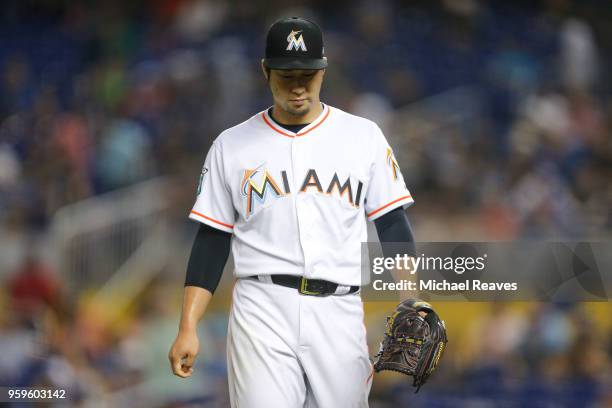 Junichi Tazawa of the Miami Marlins reacts after the fourth inning against the Los Angeles Dodgers at Marlins Park on May 17, 2018 in Miami, Florida.