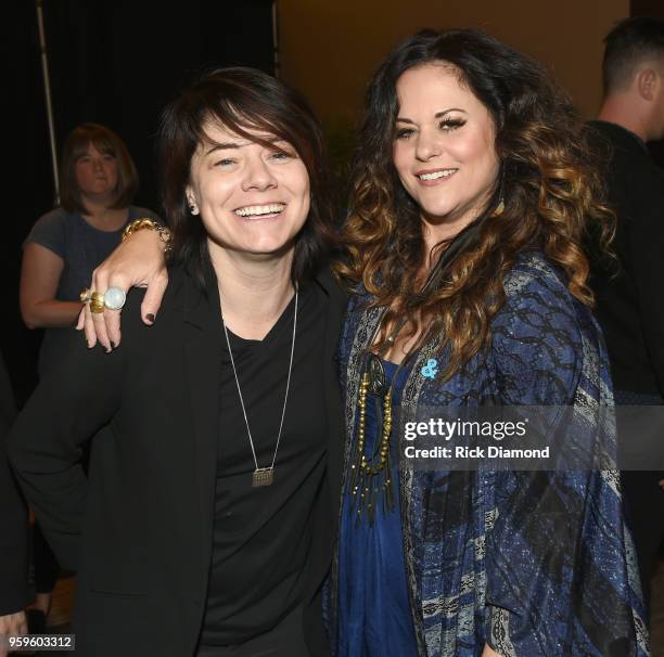 Singer-songwriter Sonia Leigh and artist Shelly Fairchild take photos before the Music Biz 2018 Awards Luncheon for the Music Business Association on...