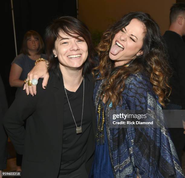 Singer-songwriter Sonia Leigh and artist Shelly Fairchild take photos before the Music Biz 2018 Awards Luncheon for the Music Business Association on...