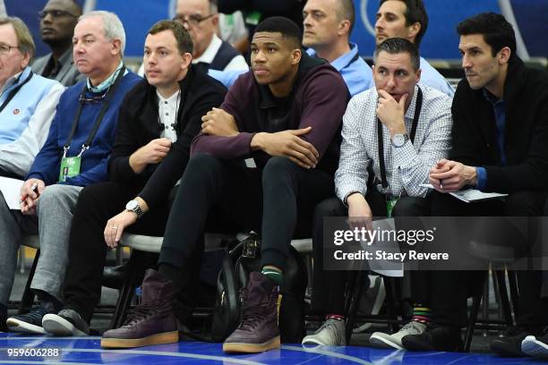 Player Giannis Antetokounmpo watches action during Day One of the NBA Draft Combine at Quest MultiSport Complex on May 17, 2018 in Chicago, Illinois....