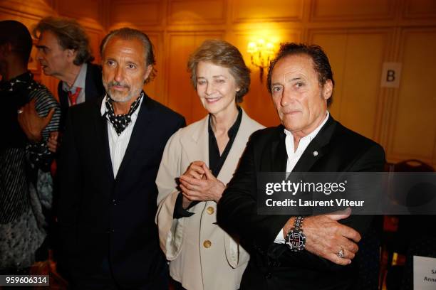 Designer Franck Ros, Actress Charlotte Rampling and Designer Gilbert Ros attend the "Eric Raisina's Fashion Show" at Millenium Hotel Paris Opera on...