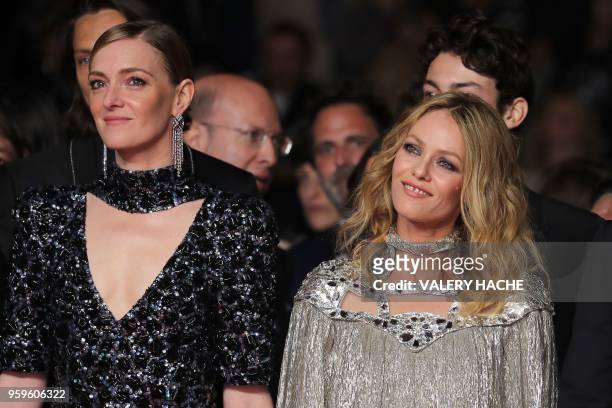 Actress Kate Moran and French actress Vanessa Paradis arrive on May 17, 2018 for the screening of the film "Knife + Heart " at the 71st edition of...