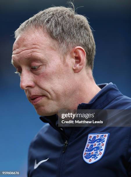 Steven Cooper, manager of England looks on after the UEFA European Under-17 Championship Semi Final match between England and the Netherlands at the...