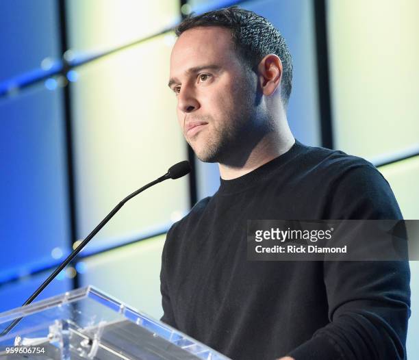 Owner of School Boy Records and RBMG Scooter Braun speaks onstage during the Music Biz 2018 Awards Luncheon for the Music Business Association on May...