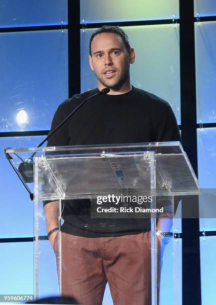 Owner of School Boy Records and RBMG Scooter Braun speaks onstage during the Music Biz 2018 Awards Luncheon for the Music Business Association on May...