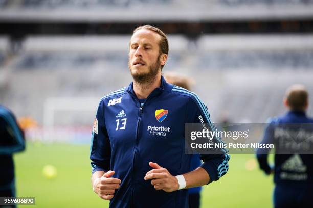 Jonas Olsson of Djurgardens IF during warm up ahead of the Allsvenskan match between Djurgardens IF and Orebro SK at Tele2 Arena on May 17, 2018 in...