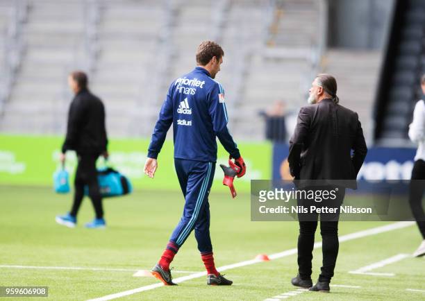 Andreas Isaksson of Djurgardens IF leaves the pitch during warm up ahead of the Allsvenskan match between Djurgardens IF and Orebro SK at Tele2 Arena...