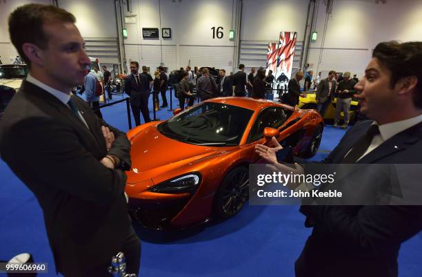 McLaren 570S is displayed as part of the "Built in Britain" during the London Motor Show at ExCel on May 17, 2018 in London, England. The UK's...