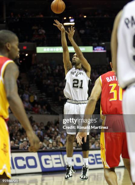 Forward Tim Duncan of the San Antonio Spurs makes his 20,000 career point against the Houston Rockets at AT&T Center on January 22, 2010 in San...