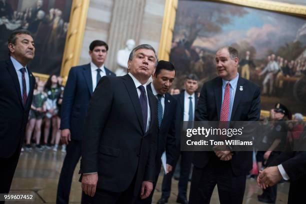 President of Uzbekistan Shavkat Mirziyoyev, center, takes a tour of the Capitol Rotunda with Rep. Trent Kelly, right, on May 17, 2018.