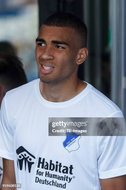 Kevin Akpoguma of Hoffenheim looks on prior to the Bundesliga match between TSG 1899 Hoffenheim and Borussia Dortmund at Wirsol Rhein-Neckar-Arena on...