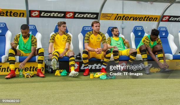 Jeremy Toljan of Dortmund, Maximilian Philipp of Dortmund, Mario Goetze of Dortmund, Gonzalo Castro of Dortmund and Dan-Axel Zagadou of Dortmund sit...