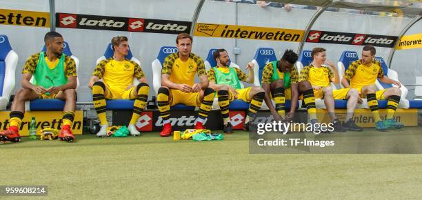 Jeremy Toljan of Dortmund, Maximilian Philipp of Dortmund, Mario Goetze of Dortmund, Gonzalo Castro of Dortmund and Dan-Axel Zagadou of Dortmund sit...