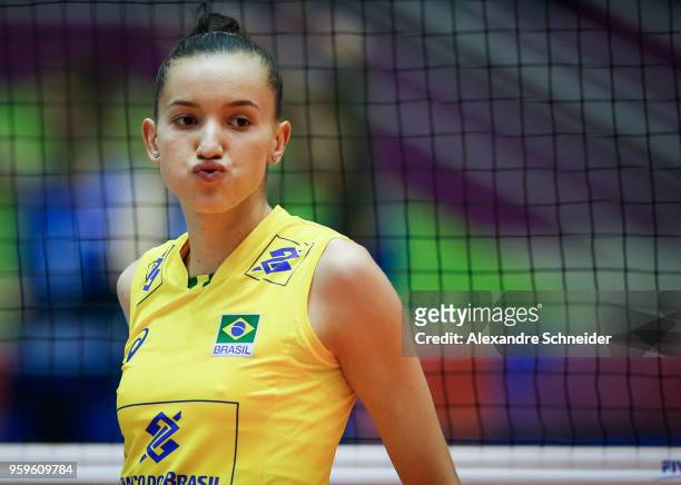Gabriela Guimaraes of Brazil reacts during the match against Serbia during the FIVB Volleyball Nations League 2018 at Jose Correa Gymnasium, on May...